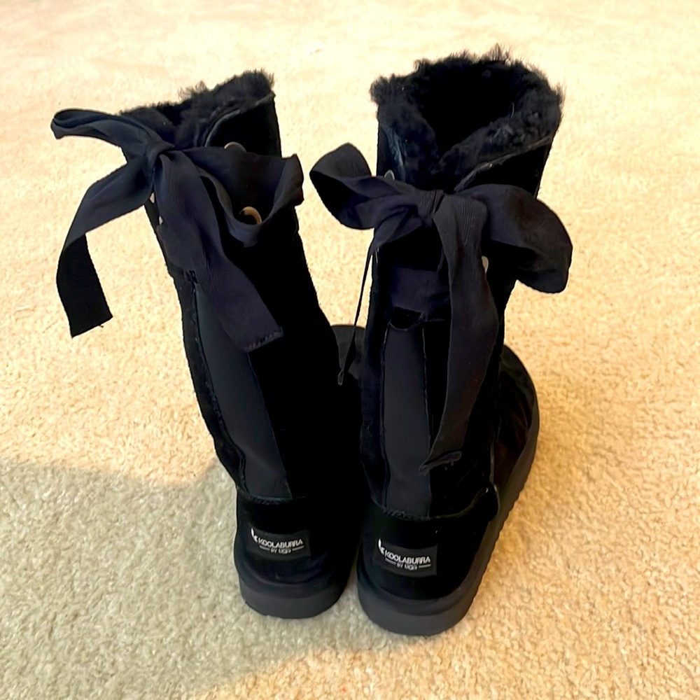 Like new Koolaburra by UGG tie back black fur boots (12 1/4” tall)
